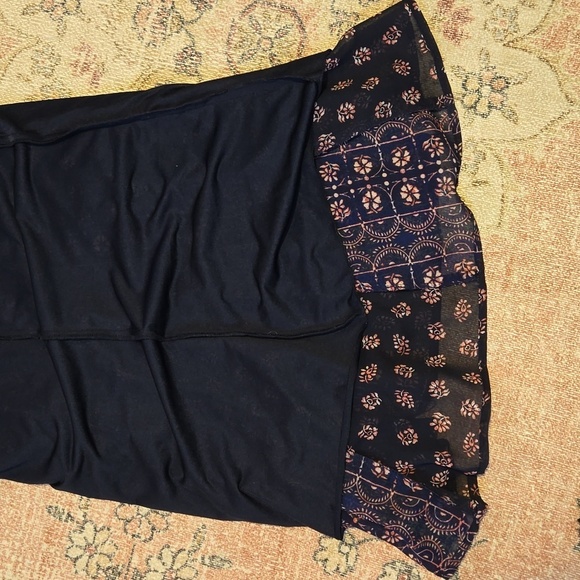 Japna Blue with Pink Print Lined Crocheted Neck Detail Mini Trapeze Dress Sz S - Picture 8 of 11